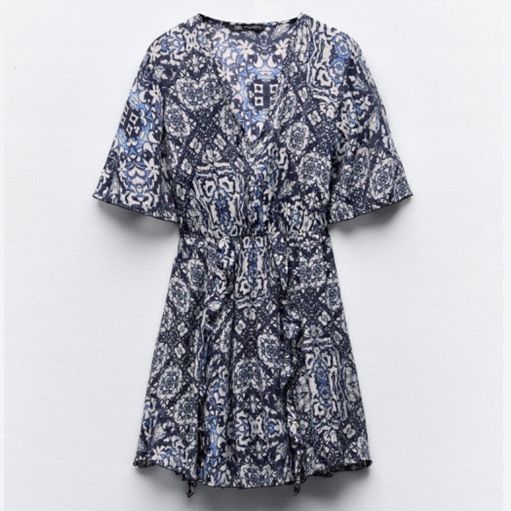 Zara Blue Ruffle Batik Printed Mini Dress